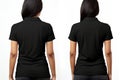 Front and back view of woman wearing blank black polo t-shirt template isolated on white background, Female models wearing Royalty Free Stock Photo