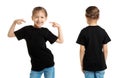 Front and back views of little girl in black t-shirt