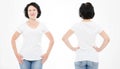 Front and back views of middle age woman in t shirt on white background. Collage or set. Mock up for design. Copy space. Template Royalty Free Stock Photo
