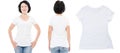 Front and back views of middle-aged female in stylish t-shirt on white background. Mock up for design, Copy space, Template, Blank