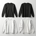 Front and back views of plain black and white long sleeve t shirts laid flat on a clean white surface. Ready for custom graphic Royalty Free Stock Photo
