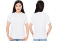 Front and back views of young korean woman in stylish t-shirt on white background. Mockup for design asian girl