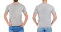 Front and back views of young man in grey t-shirt