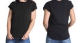Front and back views of young woman in black t-shirt