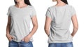 Front and back views of young woman in grey t-shirt