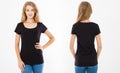 Front and back views of young woman in stylish black t shirt on white background. Mock up for design. Copy space. Template. Blank Royalty Free Stock Photo