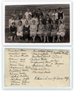 Front and back of vintage photo shows a group of girls (classmates) in front of school on June 27, 1927 in Hodonin Royalty Free Stock Photo