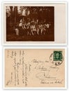 Front and back of vintage photo. Vintage photo shows group of people in nature, circa 1930s