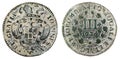 Front and backside of a historic copper coin of King Ioannes V of Portugal Royalty Free Stock Photo