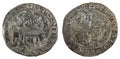 Front and backside of a historic medieval silver coin of the King Enrique IV