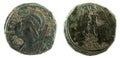 Front and backside of a historic Roman copper coin of Constantinopolis Royalty Free Stock Photo