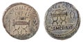 Front and backside of a historic Roman Republic Coin of the family Pompeia