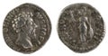 Front and backside of a historic Roman silver coin of Emperor Marcus Aurelius Royalty Free Stock Photo