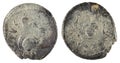 Front and backside of a historic Roman silver coin of the family Cordia