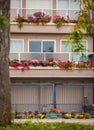 Front balconies on a residential building with flower boxes. Balcony garden. Flowers on the balconies in a modern house Royalty Free Stock Photo