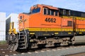 Front of BNSF freight locomotivre in classic orange yellow and black levery