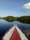 In front of boat in small river