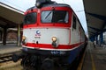 Front of Bosnia Railways diesel electric locomotive parked at Sarajevo railway station