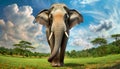 Wild Indian Elephant Walking on Green Grass Field Near the Forest - Generative Ai Royalty Free Stock Photo