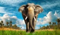 Wild Indian Elephant Walking on Green Grass Field Near the Forest - Generative Ai Royalty Free Stock Photo