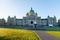 Front of British Columbia Legislature with fountain just after sunrise