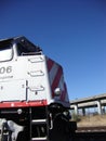 Front of Caltrain Commuter Train as it moves along tracks