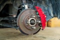 Front Car Brake and Suspension System Maintenance in the Local Area Garage. Fake Cover From Famous Brake System