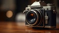 The front of a classic silver-black old film camera. The background is blurred Royalty Free Stock Photo