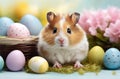 Front close up of adorable cute little hamster surrounded by small pastel colored Easter eggs and flowers, beautiful bokeh, out of