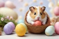 Front close up of adorable cute little hamster surrounded by small pastel colored Easter eggs and flowers, copy space, beautiful