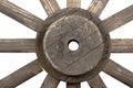 Front closeup view of weathered vintage wooden wagon wheel Royalty Free Stock Photo