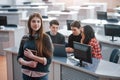 In front of collegues. Group of young people in casual clothes working in the modern office Royalty Free Stock Photo