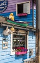 Front of colorful house in the Village Houseboats Fisherman`s Wharf Inner Harbor, Victoria BC, Canada