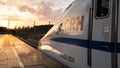 Front of a CRH Chinese bullet train at sunset at Yichang station in China