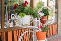 Vintage bicycle painted in white is used as a stand for flowerpots.