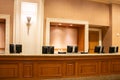 front desk in reception area of unknown hotel lobby