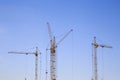 Front distant view of three cranes on a light blue sky background