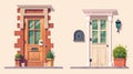 Front door - cartoon house entrance with brick jambs and windows. Modern illustration set of closed wooden colorful Royalty Free Stock Photo