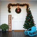 Front door with Christmas decorations and WELCOME signboard