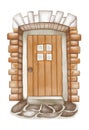 Front door and covered porch of new home exterior: solid wood door is flanked by sconce lights and has glass panels in Royalty Free Stock Photo