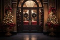 Front door decorate with Christmas theme and new year festival. Generative AI Royalty Free Stock Photo