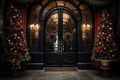 Front door decorate with Christmas theme and new year festival. Generative AI Royalty Free Stock Photo