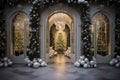 Front door decorate with Christmas theme and new year festival. Generative AI Royalty Free Stock Photo