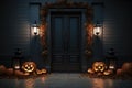 Front Door Decorated With Halloween Items And Pumpkins