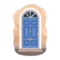 Front door of dwelling house. Home entrance exterior, facade. Arch doorway outdoors. Entry with threshold, gold knocker