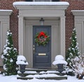 Front door with  evergreen wreath Royalty Free Stock Photo