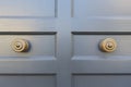 Front door, grey with knobs