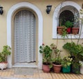 Front door of house with flower pots Royalty Free Stock Photo