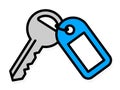 Front door key with a blue plastic tag Royalty Free Stock Photo