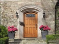 Front door with pink hydrangeas